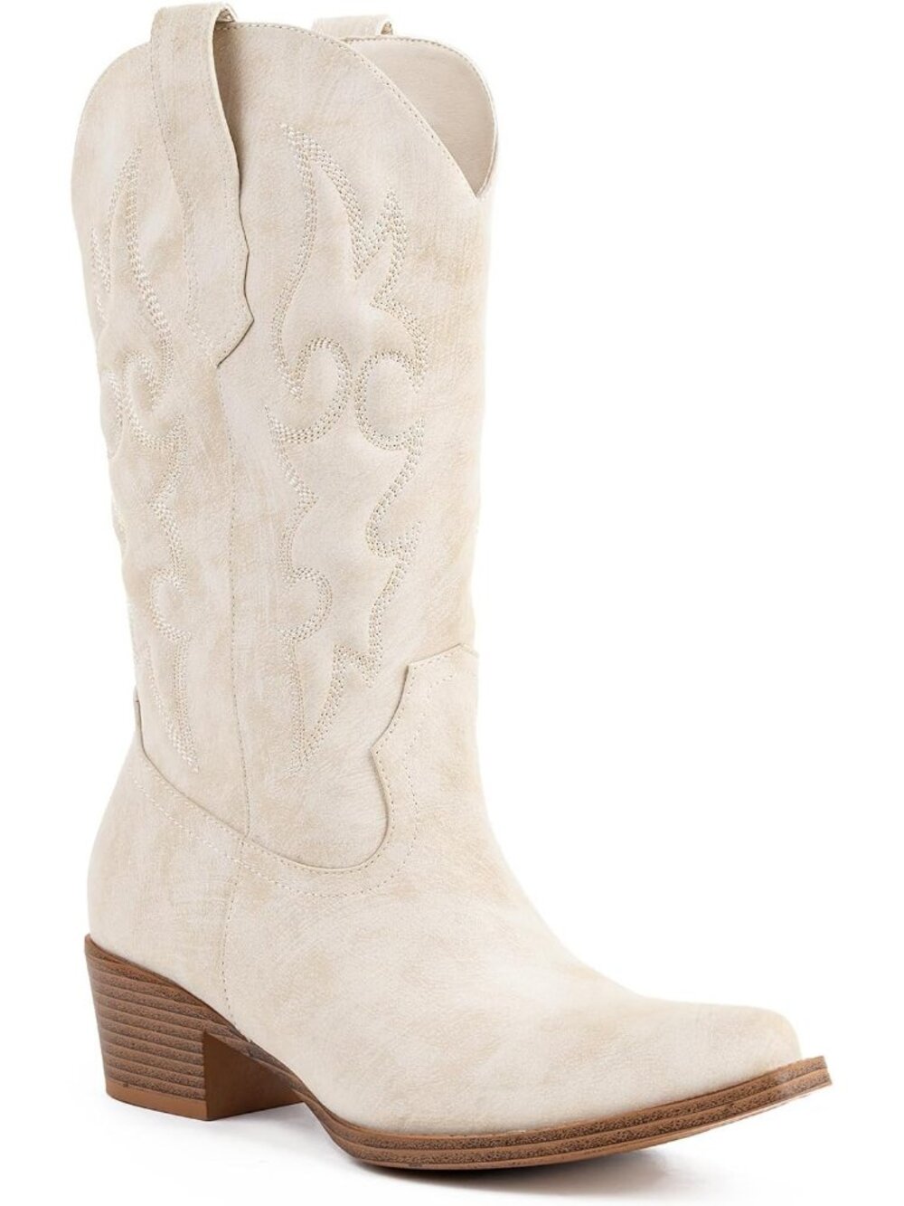 Women's White Cowboy Boots, Mid Calf Western Pull On Cowgirl Boots